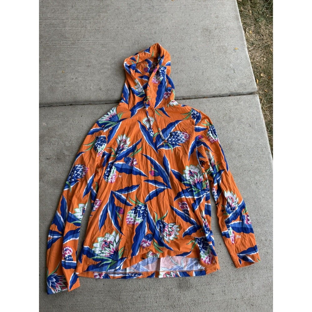 Polo Ralph Lauren Mens L Orange Tropical Floral Cotton Knit Hoodie Preppy Resort